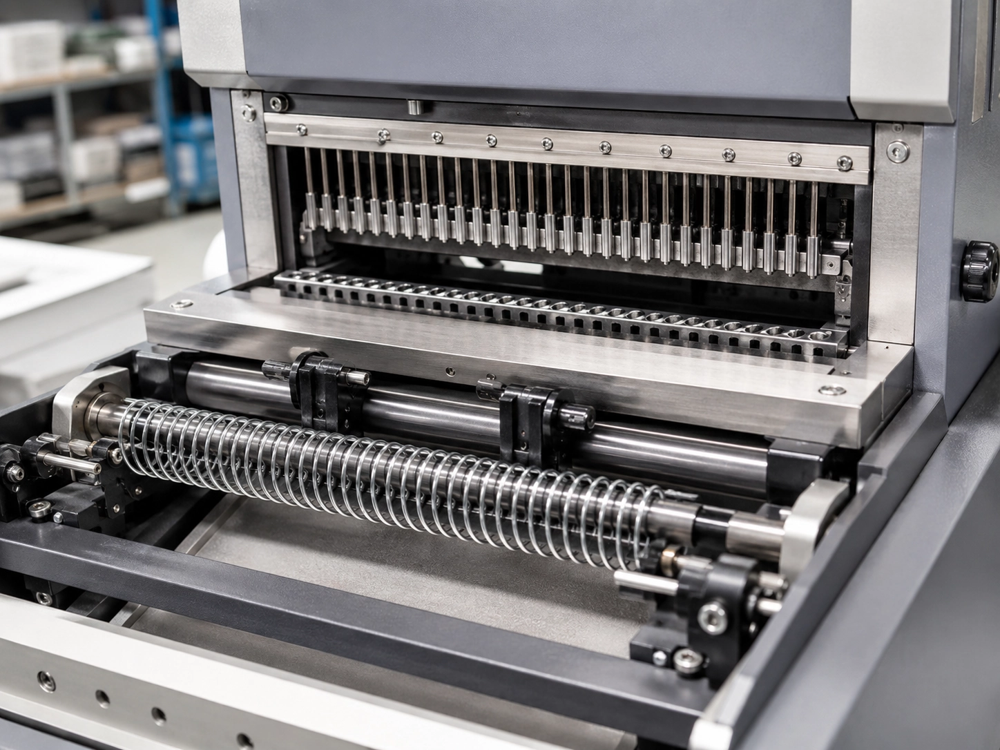 Close up view of spiral binding machine punching throat and coil inserter components