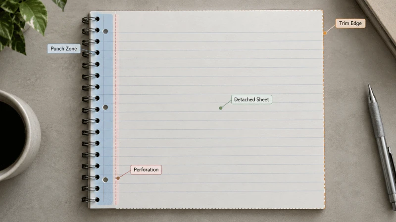 Diagram of a perforated notebook page showing trim edge, punch zone, perforation and detached sheet. Diagram of a perforated notebook page showing trim edge, punch zone, perforation and detached sheet.